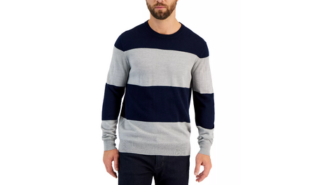 Men's Merino Wide Striped Long Sleeve Crewneck Sweater Color : Navy Blue Size : XL - 5th Ave. Window