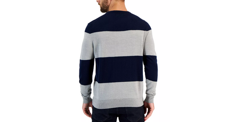 Men's Merino Wide Striped Long Sleeve Crewneck Sweater Color : Navy Blue Size : XL - 5th Ave. Window