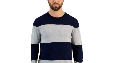 Men's Merino Wide Striped Long Sleeve Crewneck Sweater Color : Navy Blue Size : XL - 5th Ave. Window